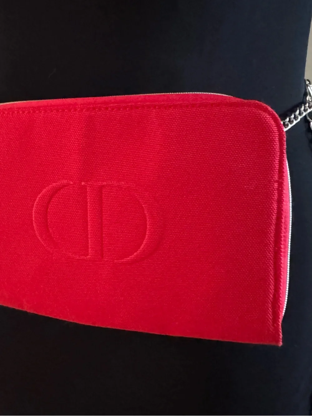 Dior Red fabric cosmetic bag with silver chain to be Crossbody or waist bag.